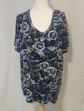 Blue Sky Bamboo Blend Floral V-Neck Women’s Top - Blue Pattern